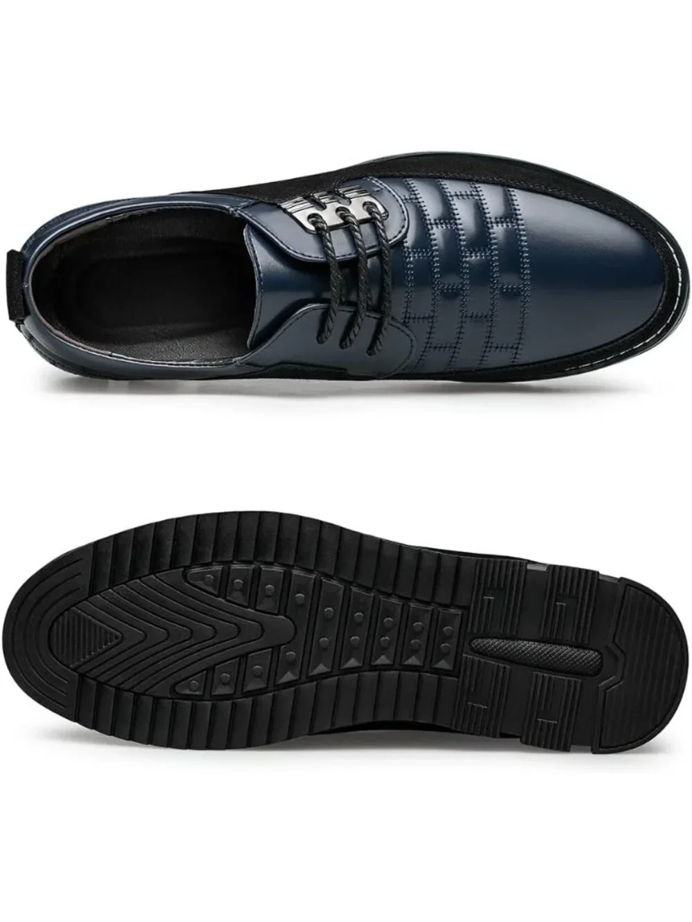 Men's Blue Leather Plaid Embossed Grid Comfortable Hybrid Oxford Dress Sneakers
